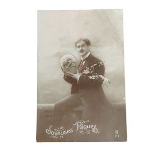 Vintage Real Photo M618 Postcard Gentleman with Egg Happy Easter Groucho Look